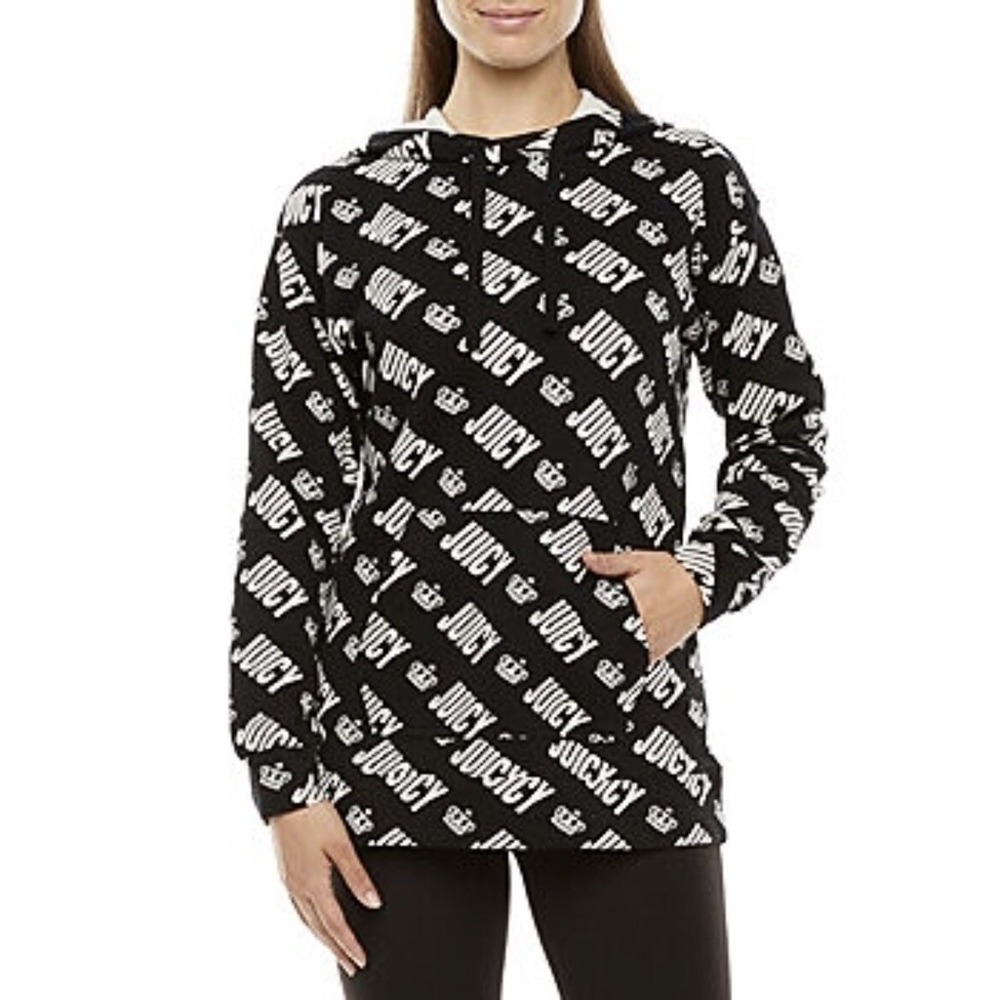 Juicy Women's Medium Black & White All Over JUICY & Crown Long Sleeve Hoodie NWT